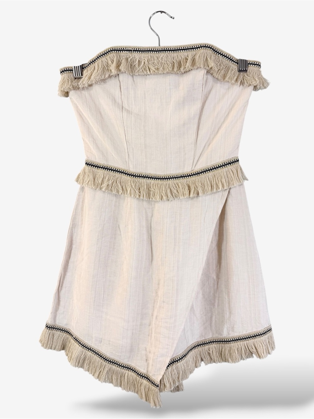 Selfie Leslie Bermuda Bandeau Tassel Romper XS Beige Gold Fringe Strapless Boho